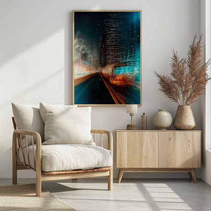 A dynamic, motion-blurred photograph of a train speeding through a futuristic city at night. The train is a blur of red and orange light on the right, while the city's skyscrapers are depicted as towering structures of distorted teal and dark blue light, creating a sense of speed and digital energy. Decor