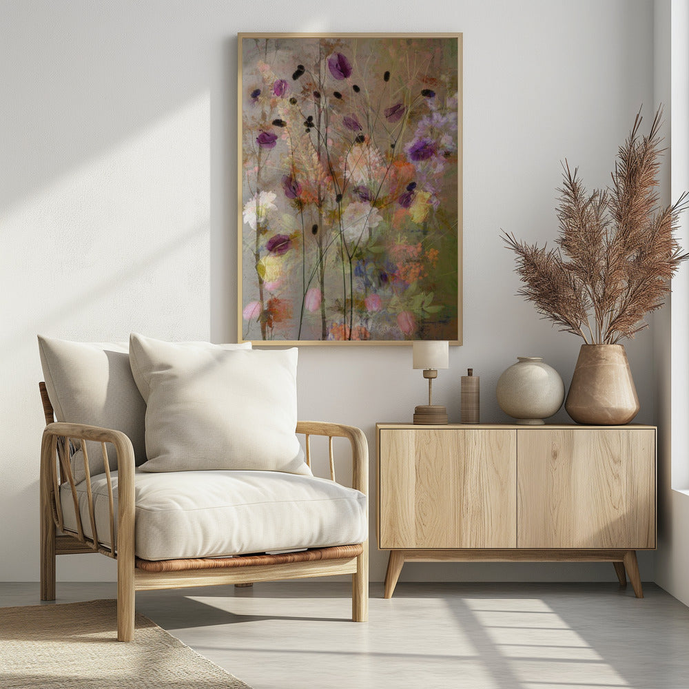 An abstract floral artwork featuring delicate, dark stems with translucent purple petals against a textured, earthy brown background. The composition is layered with soft, blended impressions of wildflowers in shades of pink, orange, yellow, and white, creating a dreamy and ethereal meadow scene. Artwork