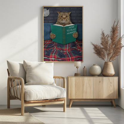A humorous picture of a brown tabby cat sitting up in bed, intently reading a green book titled 'How To Rule Humans.' The cat is tucked under a red and blue plaid blanket, against a blue headboard with fishbone-patterned wallpaper and a cat-shaped clock in the background. Print