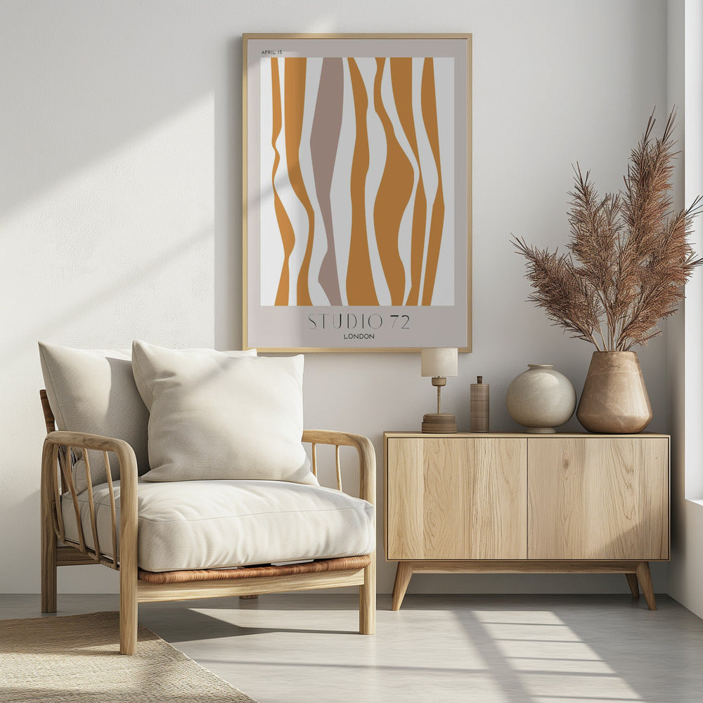 A modern abstract art print in a black frame, featuring wavy vertical stripes in mustard orange and muted mauve against an off-white background. The print has a light beige border with 'APRIL 15' at the top and 'STUDIO 72 LONDON' at the bottom. Artwork