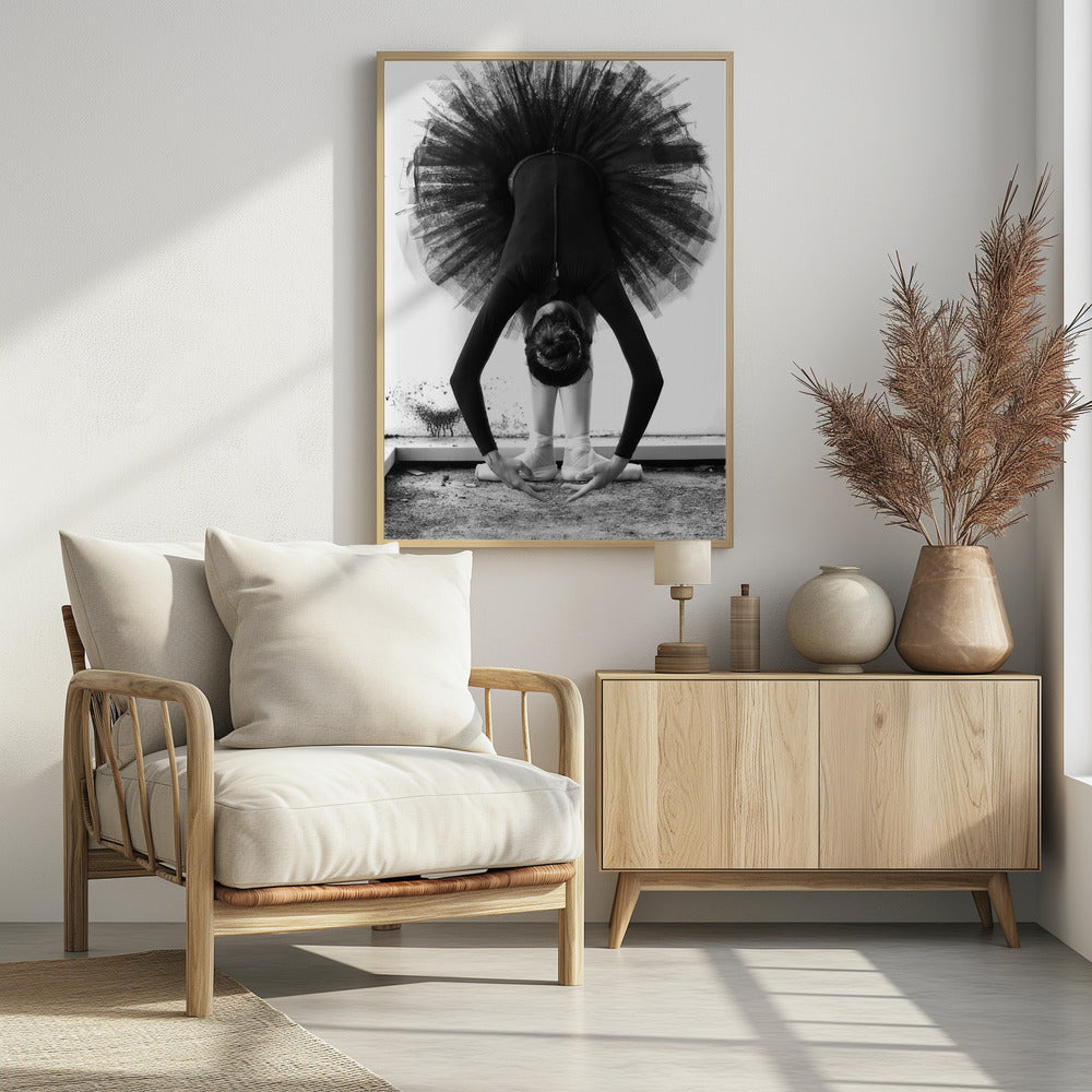 A striking black and white photograph of a ballerina in a deep forward bend. Her body is clad in a black leotard and white tights, with a voluminous black tutu fanning out vertically behind her. Her hair is tied in a bun, and her hands gracefully reach towards her feet, which are in white pointe shoes. Artwork