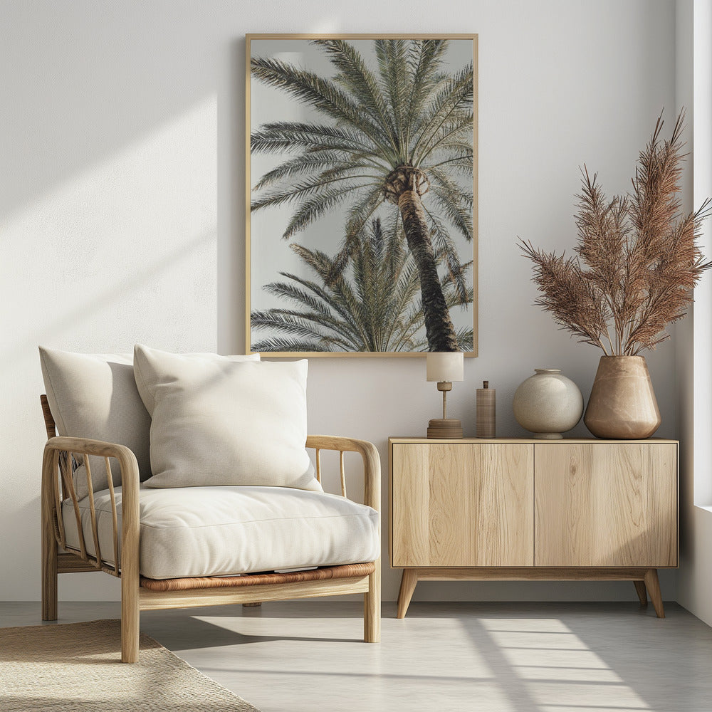 A framed, low-angle photograph of a tall palm tree with a textured brown trunk and sprawling green fronds set against a pale, overcast sky. Wall Art
