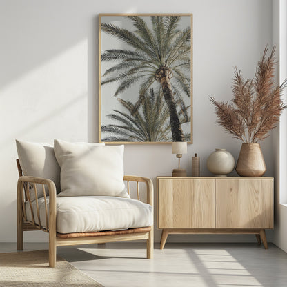 A framed, low-angle photograph of a tall palm tree with a textured brown trunk and sprawling green fronds set against a pale, overcast sky. Wall Art