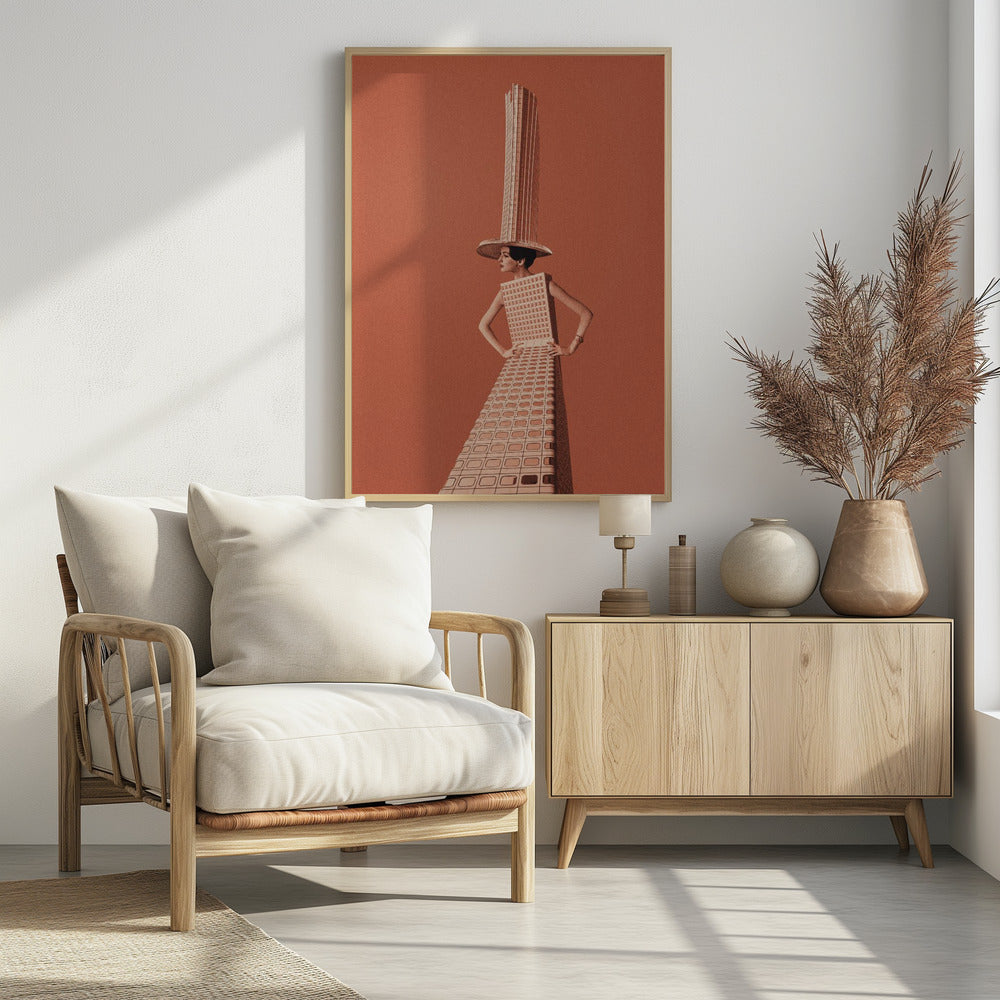 A surrealist collage featuring a woman whose dress and hat are made from a skyscraper, posing with hands on her hips against a grainy orange background within a black frame. Artwork