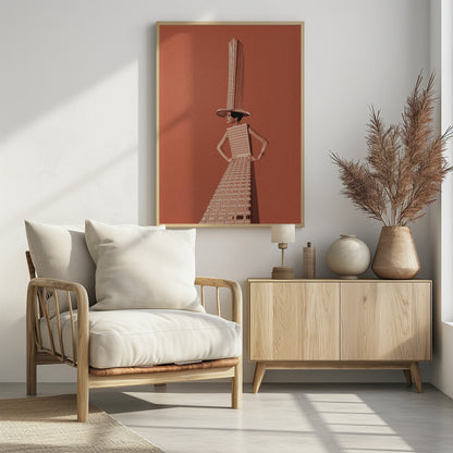 A surrealist collage featuring a woman whose dress and hat are made from a skyscraper, posing with hands on her hips against a grainy orange background within a black frame. Artwork