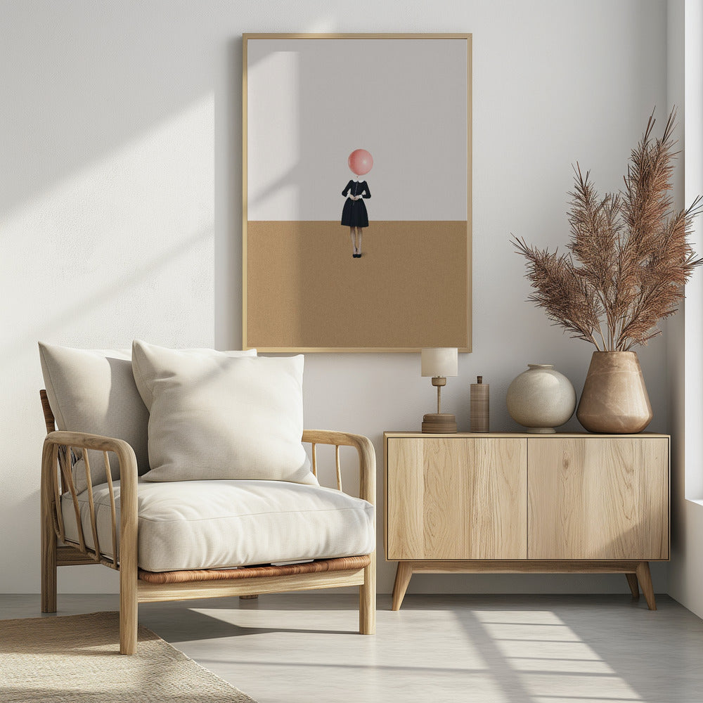 A surrealist artwork of a woman in a black dress, whose head is replaced by a pink balloon. She stands against a background horizontally divided into off-white on top and sandy brown on the bottom. Print