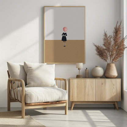 A surrealist artwork of a woman in a black dress, whose head is replaced by a pink balloon. She stands against a background horizontally divided into off-white on top and sandy brown on the bottom. Print