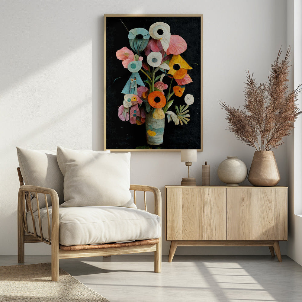 An abstract digital painting of a colorful bouquet of flowers in a textured vase against a solid black background. The flowers are stylized with a paper-cut or collage effect, featuring vibrant shades of pink, teal, orange, and white with prominent dark centers. Wall Art