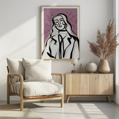 An abstract fashion illustration of a woman with long, wavy, light-colored hair, outlined in bold black brushstrokes. She wears a coat over a high-necked shirt, set against a dusty purple background with a faint leaf pattern. Wall Art