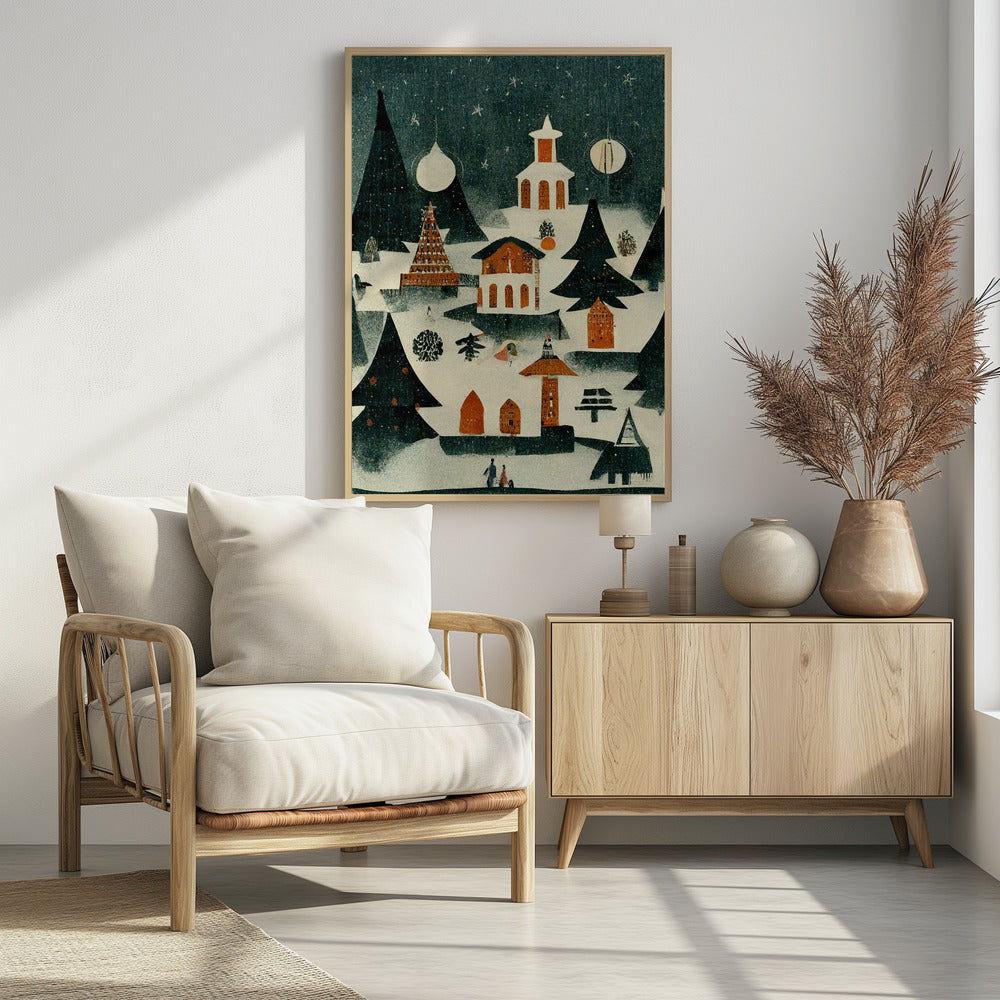 A vintage-style folk art illustration of a cozy Christmas village at night. The scene is covered in snow under a dark, starry sky, with stylized pine trees and quaint orange and white buildings, including a church. It is snowing lightly, and decorative orbs hang in the sky like moons. Artwork
