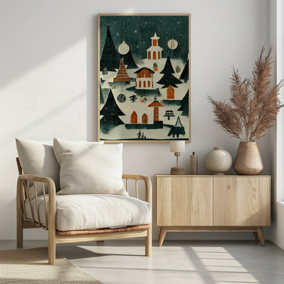 A vintage-style folk art illustration of a cozy Christmas village at night. The scene is covered in snow under a dark, starry sky, with stylized pine trees and quaint orange and white buildings, including a church. It is snowing lightly, and decorative orbs hang in the sky like moons. Artwork