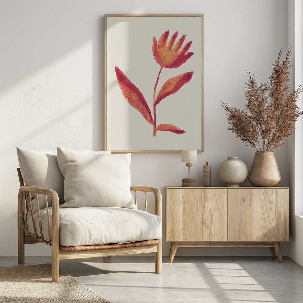A framed art print featuring a stylized watercolor flower. The blossom, in shades of orange and red, resembles an open hand. It sits atop a simple stem with leaves against a cream background. Poster
