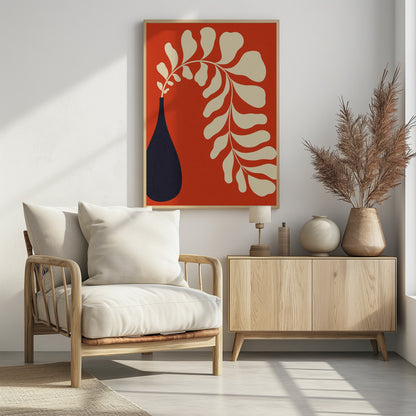 A minimalist graphic art print featuring a stylized cream-colored plant stem with large, rounded leaves, arching elegantly out of a dark navy blue teardrop-shaped vase, all set against a vibrant burnt orange background. Decor