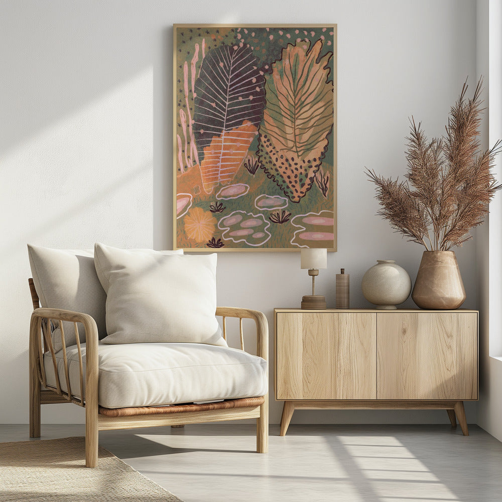An abstract, vertical illustration of a botanical scene featuring two large, stylized leaves at the center. One leaf is dark green with white veins, while the other is a mix of yellow and light green. The background is a textured, darker green filled with various smaller, abstract plant forms in shades of pink, orange, and dark brown, all enclosed in a thin black frame. Poster