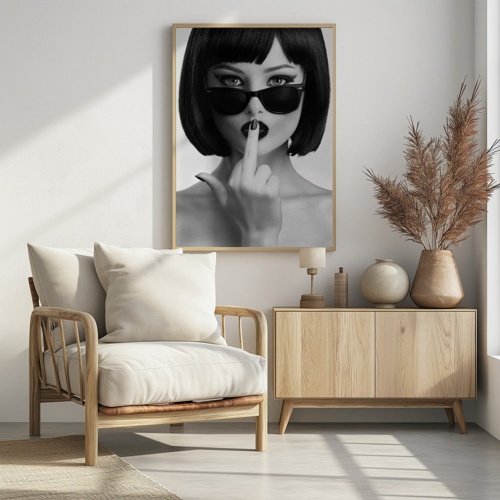 A striking black and white portrait of a woman with a sharp bob haircut, sunglasses, and bold makeup. She holds one finger with a black-painted nail up to her dark lips, making a 'shushing' gesture. Poster