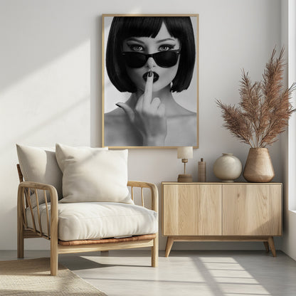 A striking black and white portrait of a woman with a sharp bob haircut, sunglasses, and bold makeup. She holds one finger with a black-painted nail up to her dark lips, making a 'shushing' gesture. Poster