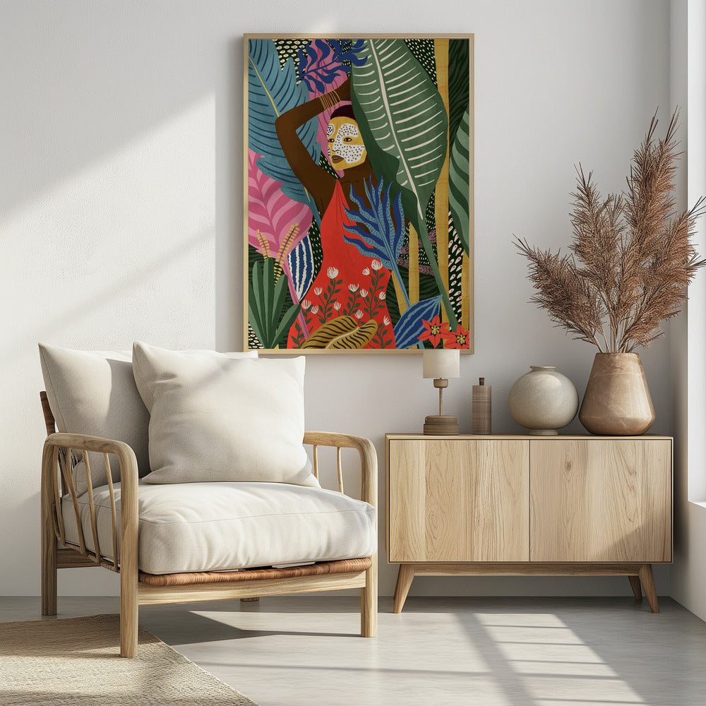 A vibrant, stylized illustration of a dark-skinned woman with a yellow and white patterned face mask, standing amidst a lush jungle. She wears a bright red dress and is surrounded by large, colorful tropical leaves in shades of green, blue, and pink. Artwork