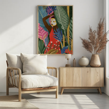 A vibrant, stylized illustration of a dark-skinned woman with a yellow and white patterned face mask, standing amidst a lush jungle. She wears a bright red dress and is surrounded by large, colorful tropical leaves in shades of green, blue, and pink. Artwork