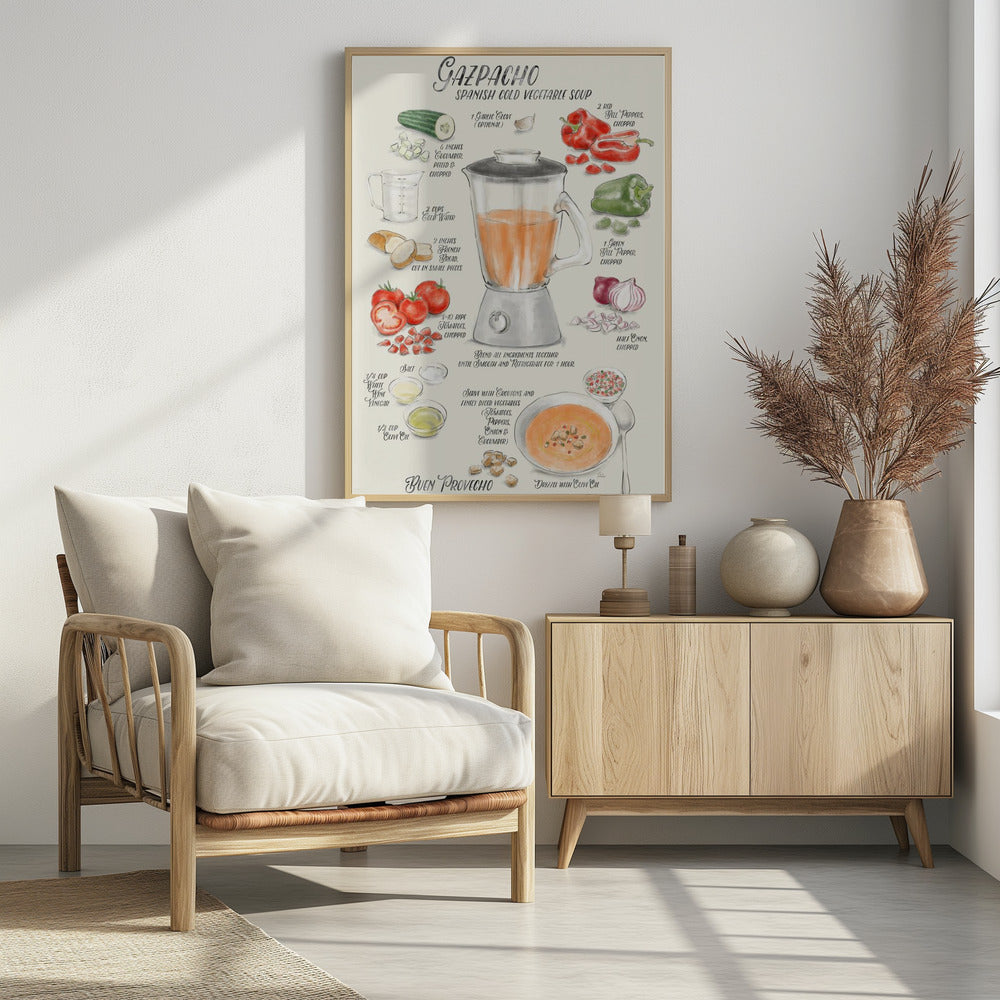 A vintage-style illustrated recipe poster for Gazpacho, a Spanish cold vegetable soup. The artwork, in a watercolor style, displays ingredients like tomatoes, peppers, cucumber, and onion around a central blender. The finished soup is shown in a bowl, garnished with croutons and drizzled with olive oil. All text is in a handwritten, calligraphic font. Wall Art