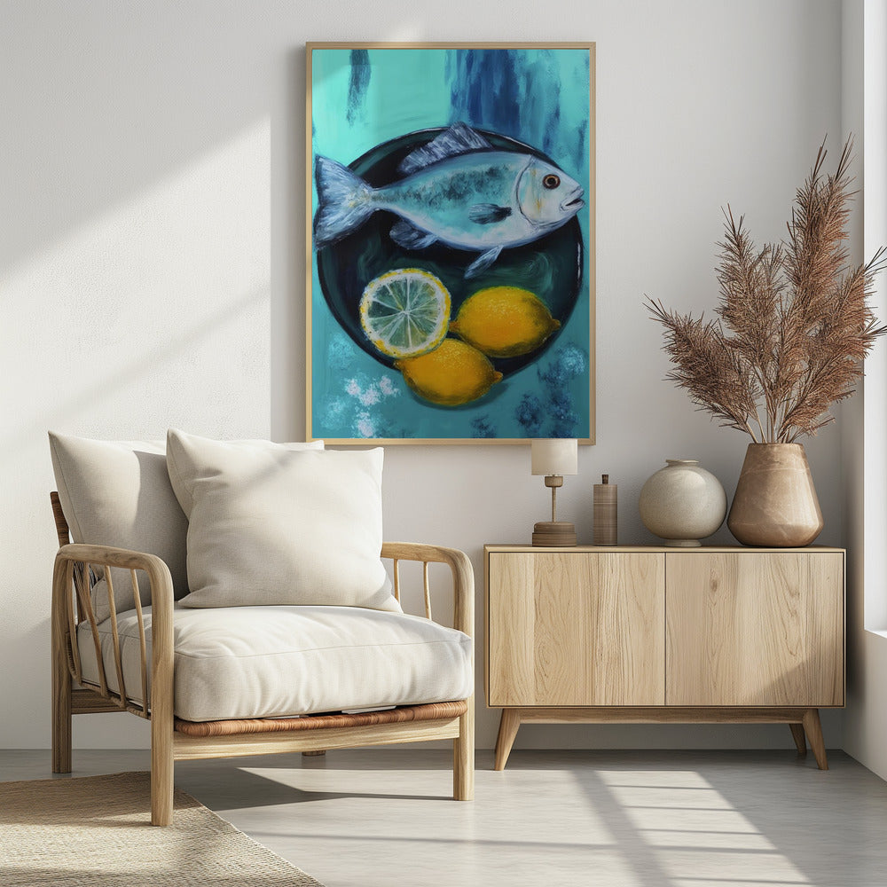 A vibrant still life painting of a silver fish on a dark plate, accompanied by two whole yellow lemons and a lemon slice, set against a painterly turquoise and blue background. Decor