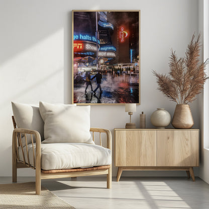 A couple walks hand-in-hand under an umbrella on a rainy night in a bustling city square. Steam rises from the wet pavement, which reflects the vibrant blue, red, and white lights from massive digital billboards on the surrounding buildings. Wall Art