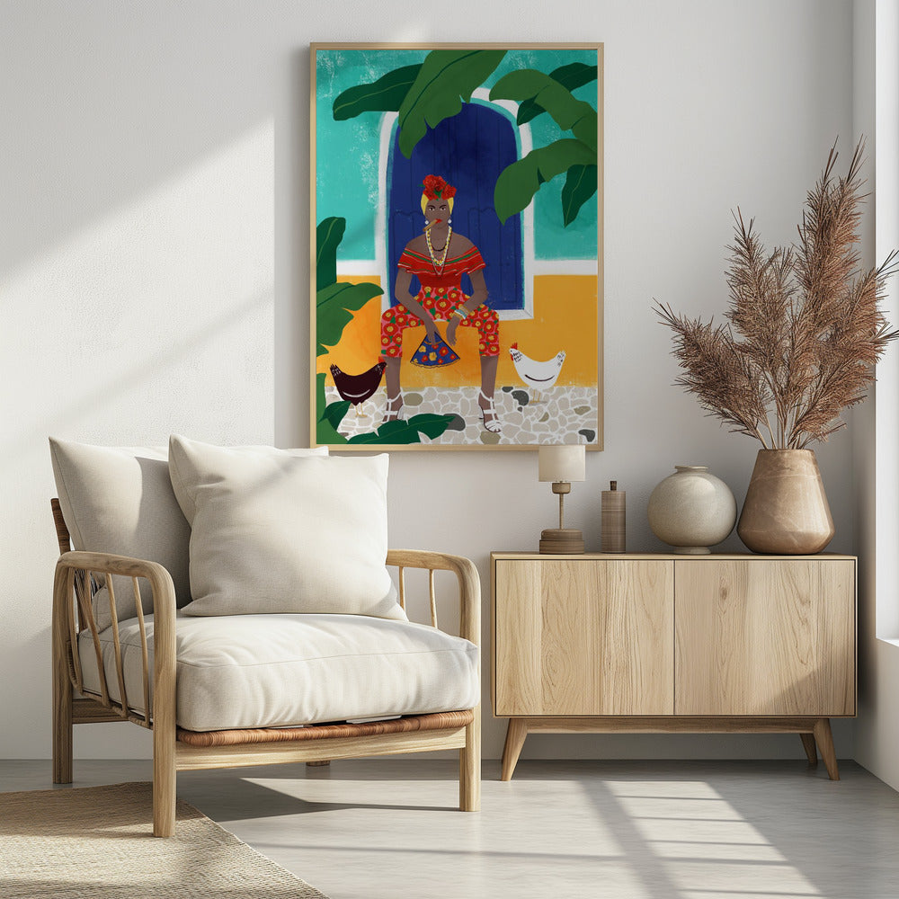 A vibrant, framed illustration of a stylish Black woman smoking a cigar. She sits in front of a blue door on a colorful turquoise and yellow building, wearing a red top, floral pants, and flowers in her hair. Two chickens stand at her feet on a cobblestone path, and large green leaves frame the scene. Decor