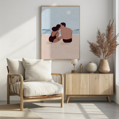 A minimalist illustration of a couple kissing on a sandy beach. The woman, with dark hair and a black swimsuit, and the man, with dark swim trunks, sit with their backs to the viewer, looking out at the calm blue ocean and distant hills under a pale sun. Print
