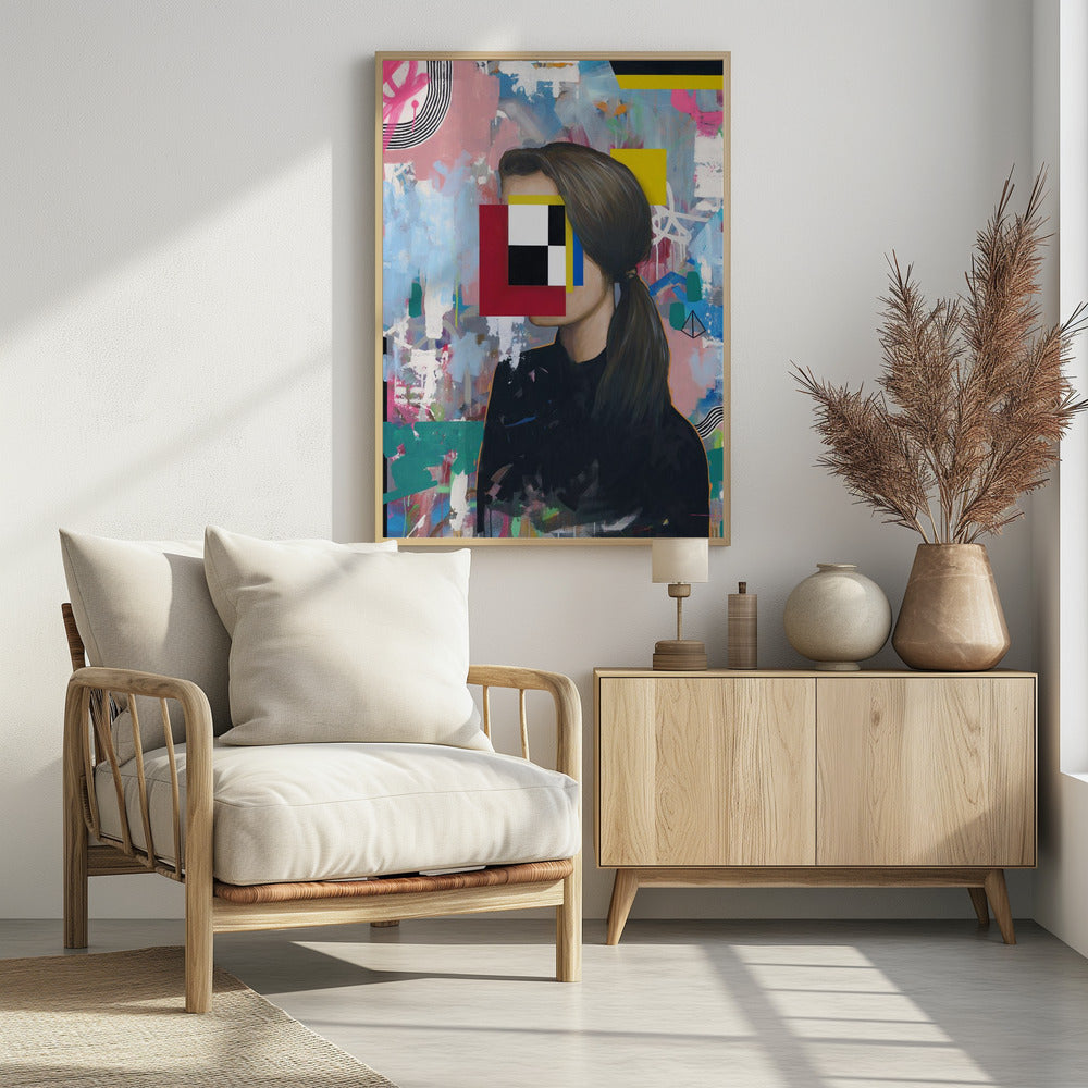 A modern abstract portrait of a woman in profile with her face obscured by a collage of red, yellow, blue, black, and white geometric shapes. She has brown hair in a ponytail and wears a black shirt, set against a vibrant, graffiti-style background of pink, blue, and teal brushstrokes. Decor