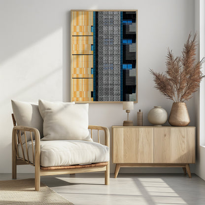 A vertical abstract architectural photograph showcasing the facade of a modern building, featuring a contrast of textures and colors: warm yellow vertical tiles on the left, an intricate white geometric screen in the center, and a dark section with vibrant blue windows on the right. Print