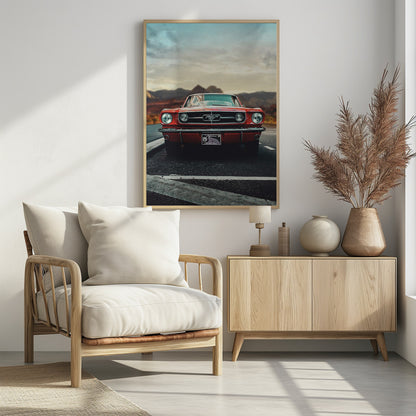 A low-angle, head-on shot of a vintage red Ford Mustang parked on an asphalt road. The iconic silver horse emblem is visible on the grille. In the background, a desert mountain range is blurred under a cloudy, muted sky. Poster
