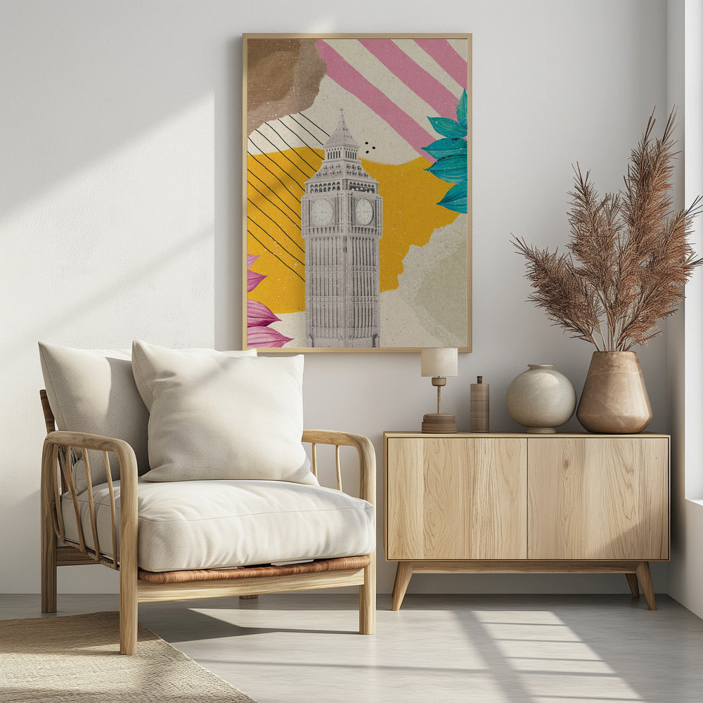 A modern art collage featuring a black and white cutout of London's Big Ben clock tower. The background is a mix of textures and patterns, including a mustard yellow section with black lines, pink and white diagonal stripes, and torn paper effects in brown and off-white. The composition is embellished with vibrant teal and pink leaves. Poster