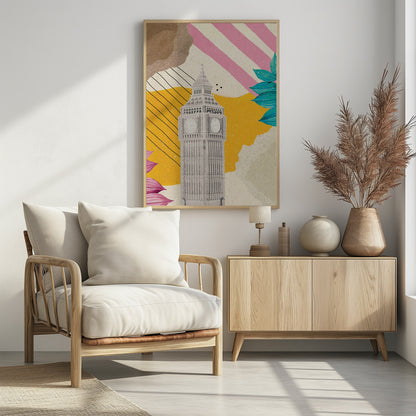 A modern art collage featuring a black and white cutout of London's Big Ben clock tower. The background is a mix of textures and patterns, including a mustard yellow section with black lines, pink and white diagonal stripes, and torn paper effects in brown and off-white. The composition is embellished with vibrant teal and pink leaves. Poster