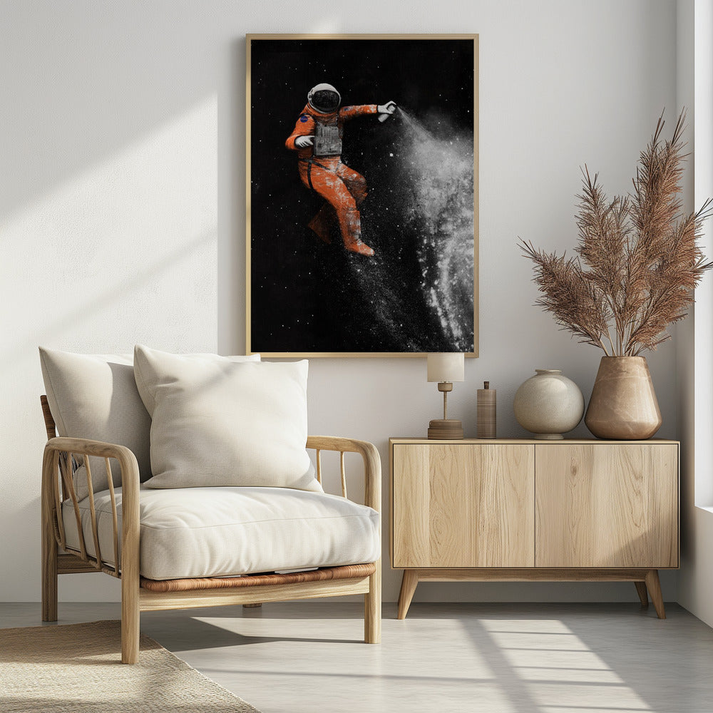 A surreal artwork of an astronaut in a vibrant orange spacesuit floating in black space, creating a galaxy with a white spray paint can. Print