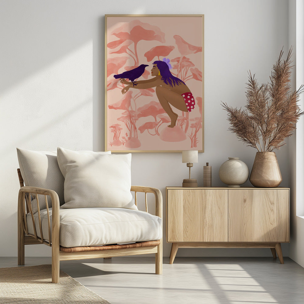 A stylized illustration of a woman with long purple hair and brown skin, crouching in a fantastical pink landscape. She is looking at a dark purple crow perched on her arm. Wall Art