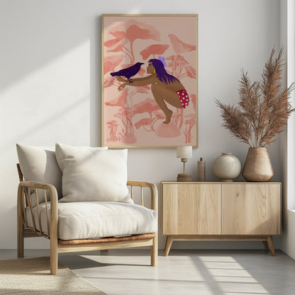 A stylized illustration of a woman with long purple hair and brown skin, crouching in a fantastical pink landscape. She is looking at a dark purple crow perched on her arm. Wall Art