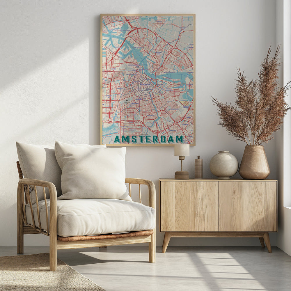 A stylized, retro-style map of Amsterdam, Netherlands, displayed within a black frame. The map features a network of red roads, light blue canals and waterways, on a cream-colored background, with the word 'AMSTERDAM' in large, dark teal letters at the bottom. Wall Art