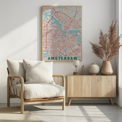 A stylized, retro-style map of Amsterdam, Netherlands, displayed within a black frame. The map features a network of red roads, light blue canals and waterways, on a cream-colored background, with the word 'AMSTERDAM' in large, dark teal letters at the bottom. Wall Art