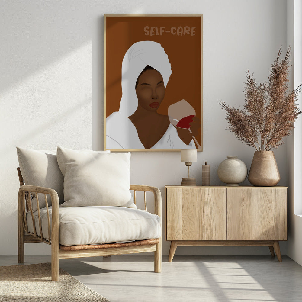 A minimalist illustration of a Black woman with her hair in a white towel, wearing a white robe, and holding a glass of red wine. The words 'SELF-CARE' are written above her against a brown background, creating a calm and relaxing mood. Poster