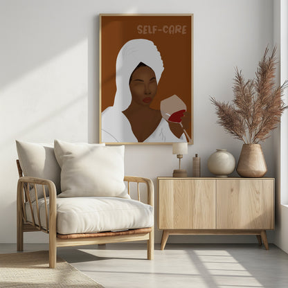 A minimalist illustration of a Black woman with her hair in a white towel, wearing a white robe, and holding a glass of red wine. The words 'SELF-CARE' are written above her against a brown background, creating a calm and relaxing mood. Poster