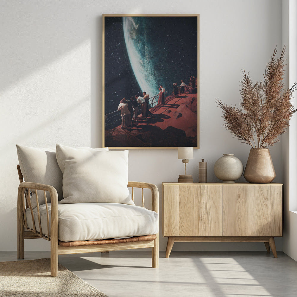 A surreal vintage-style collage showing a group of people dressed in mid-century clothing standing on a reddish-brown rocky platform with a railing, gazing in awe at a massive, glowing planet against a dark, star-filled sky. Poster