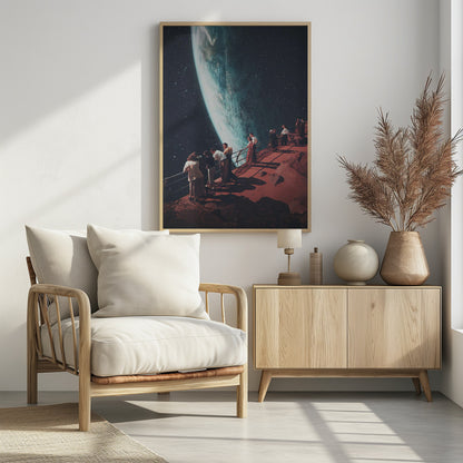 A surreal vintage-style collage showing a group of people dressed in mid-century clothing standing on a reddish-brown rocky platform with a railing, gazing in awe at a massive, glowing planet against a dark, star-filled sky. Poster
