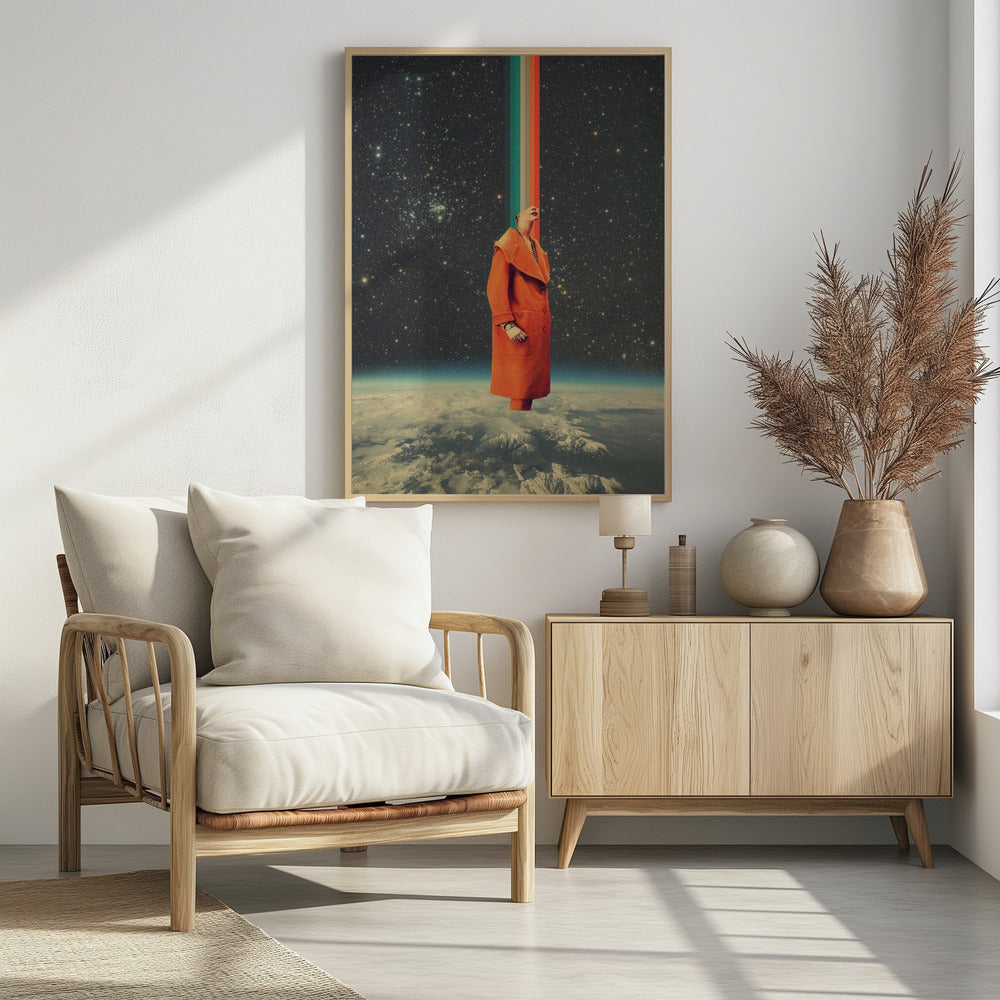 A surreal collage featuring a person in a bright orange coat standing above the Earth, looking up as a colorful retro stripe beams from their head into the starry cosmos. Print