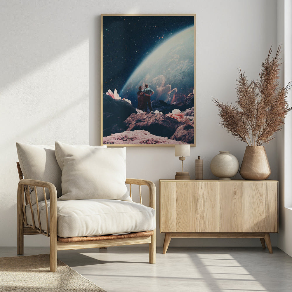 A surreal collage showing a couple standing on a rocky, alien landscape dotted with large pink flowers, gazing up at a vast, star-filled cosmos dominated by the glowing curve of a massive planet. Decor