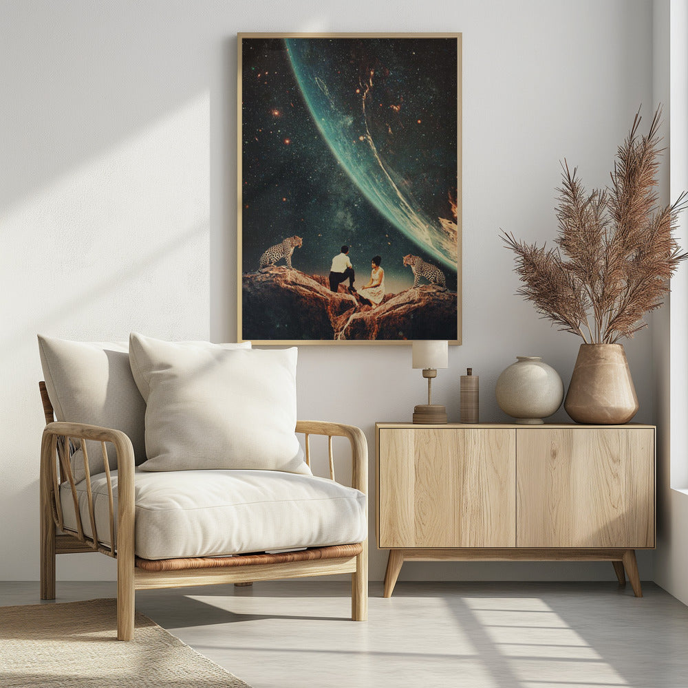A surreal vintage-style collage depicting a man and a woman sitting on a rocky cliff, flanked by two leopards, as they gaze upon the vast expanse of a star-filled galaxy and a large, glowing planet looming in the sky. Decor