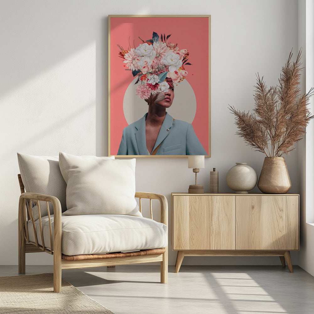 A surreal collage portrait of a person wearing a light blue blazer against a coral pink background. Their head is an explosion of various flowers, including white peonies and pink dahlias, creating a vibrant and artistic headpiece. A large, off-white circle is positioned behind them. Poster