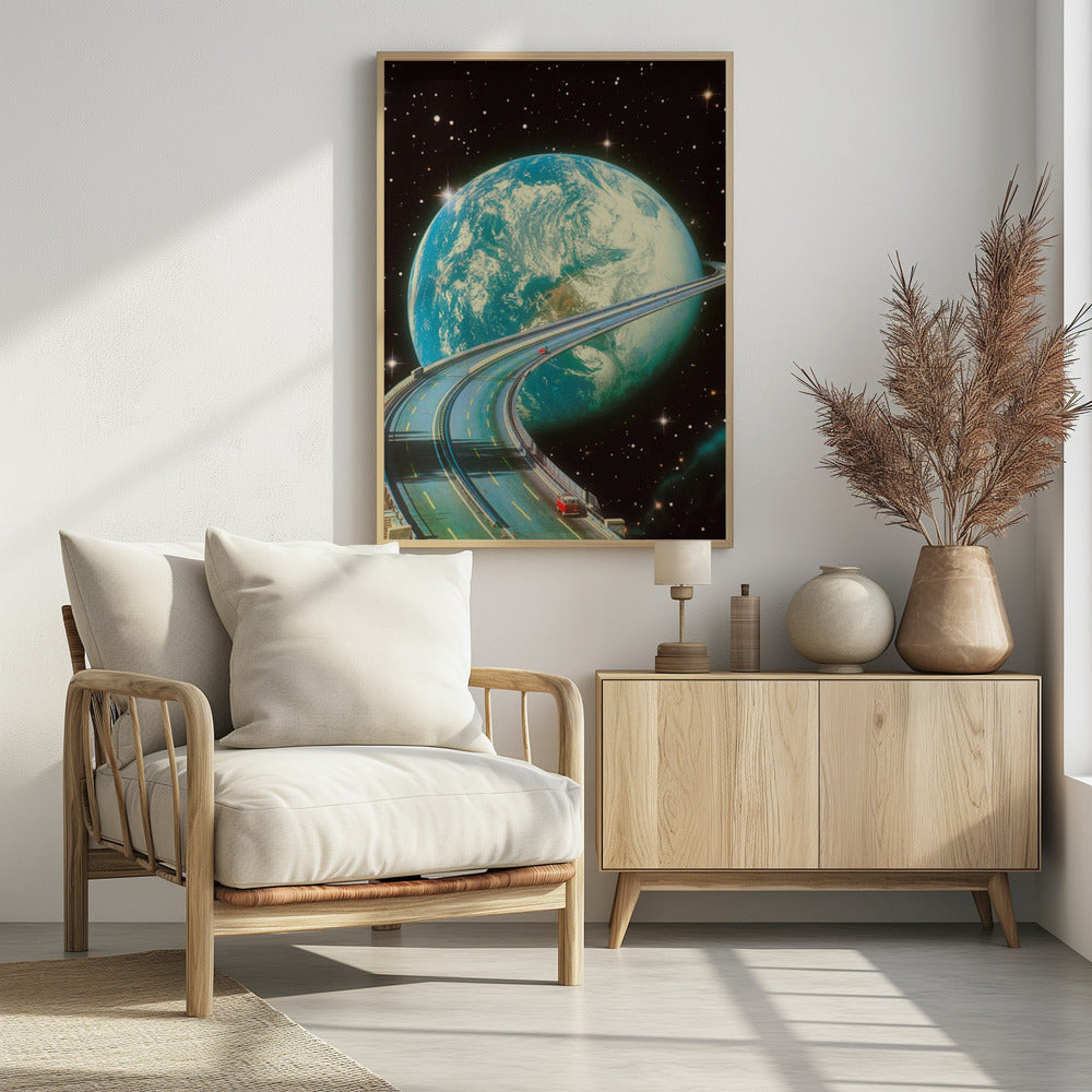 A surreal, vintage-style collage depicting a multi-lane highway encircling the planet Earth like the rings of Saturn. Two small, red vintage cars are driving along the road against a backdrop of a star-filled black sky. Print