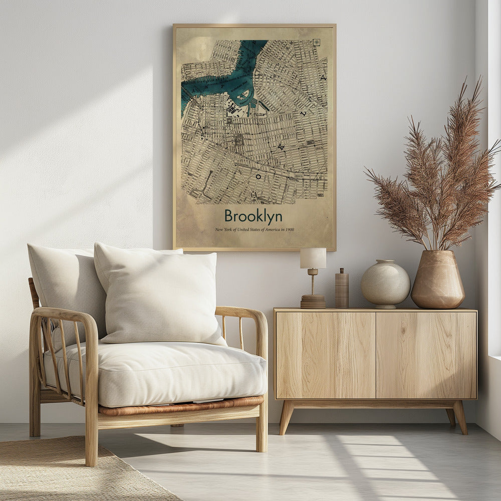A framed vintage map poster of Brooklyn, New York from the year 1900. The map details the city's grid-like streets on an aged, beige paper background, with the waterways, including Wallabout Bay, highlighted in a vibrant teal color. The poster is titled "Brooklyn" in a dark green font at the bottom. Decor