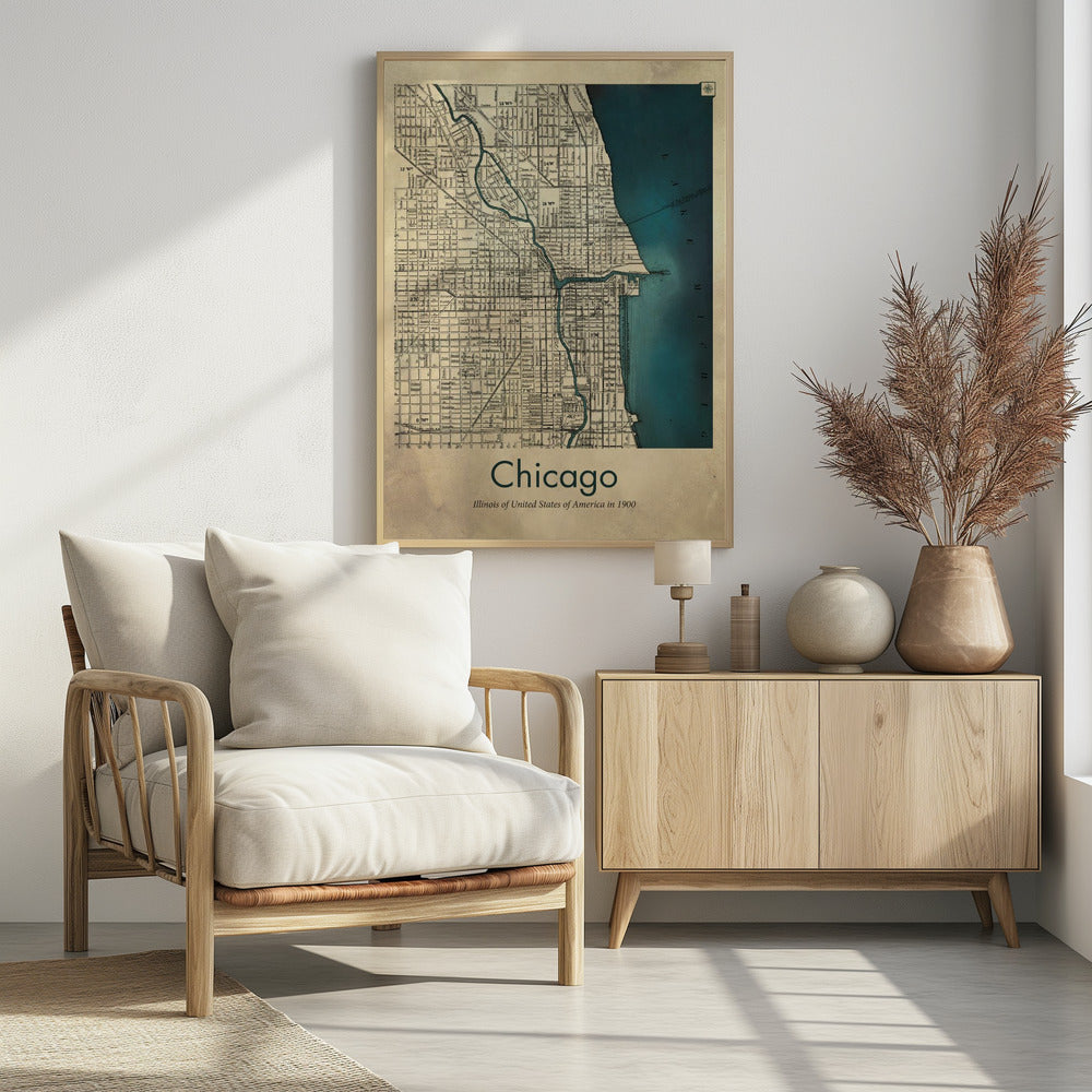 A framed vintage-style map of Chicago from the year 1900. The map details the city grid on an aged beige paper background, with Lake Michigan and the Chicago River highlighted in a deep teal color. Below the map, text reads 'Chicago' and 'Illinois of United States of America in 1900'. Artwork