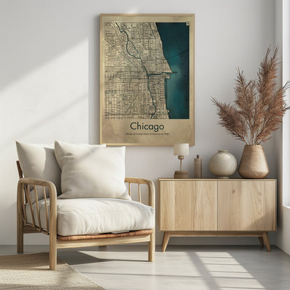 A framed vintage-style map of Chicago from the year 1900. The map details the city grid on an aged beige paper background, with Lake Michigan and the Chicago River highlighted in a deep teal color. Below the map, text reads 'Chicago' and 'Illinois of United States of America in 1900'. Artwork