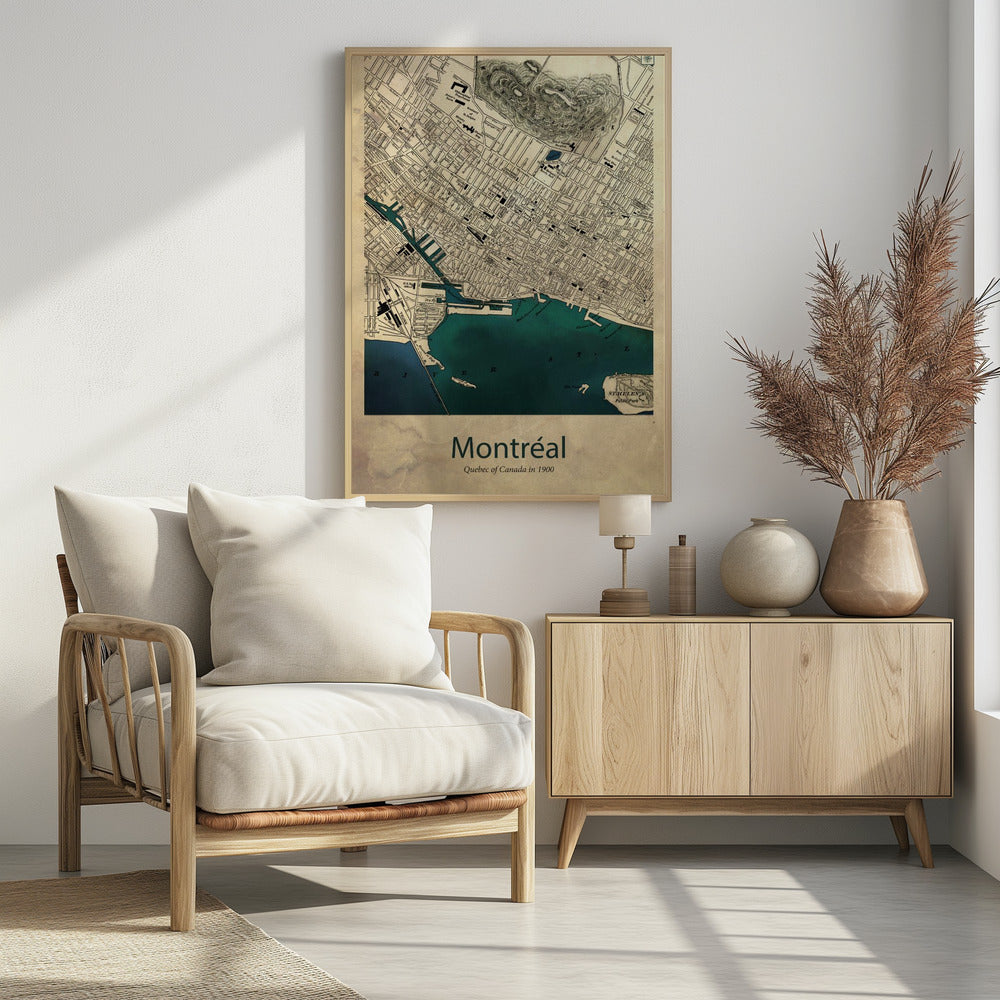 A vintage-style map of Montréal, Quebec from the year 1900, presented in a black frame. The map features a sepia-toned, aged paper texture, with black ink detailing the city's grid layout and landmarks. The St. Lawrence River and port area are highlighted in a deep teal color. At the bottom, the poster is titled 'Montréal' with the subtitle 'Quebec of Canada in 1900'. Artwork